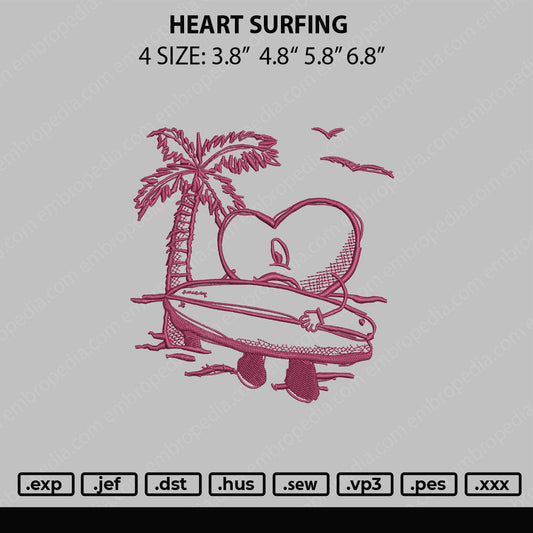 Heart Surfing Embroidery File 4 sizes