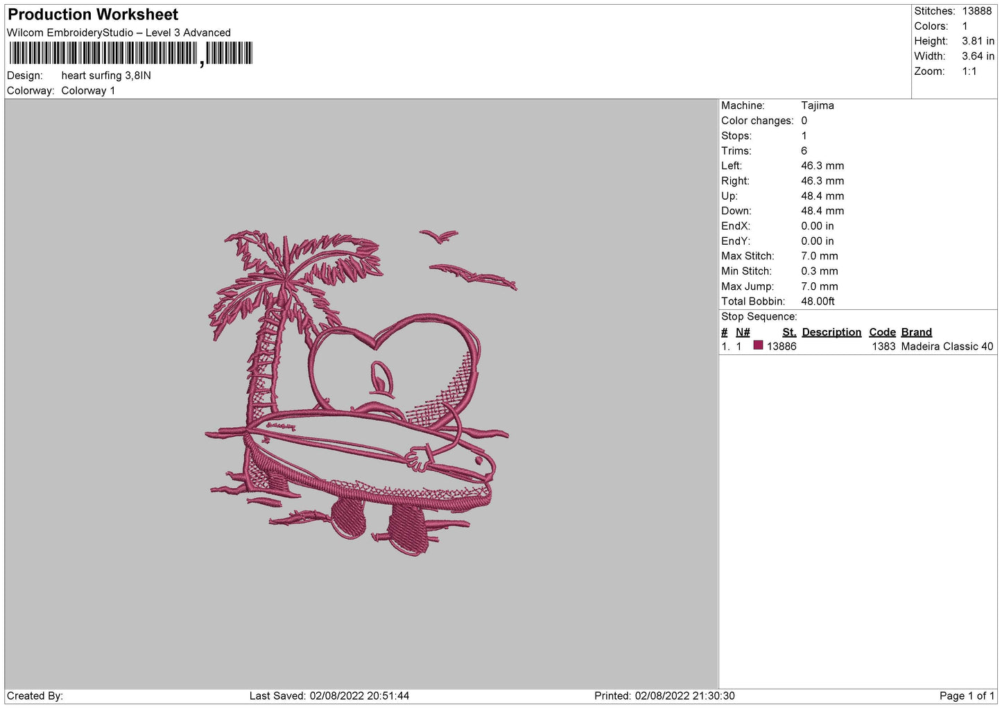 Heart Surfing Embroidery File 4 sizes