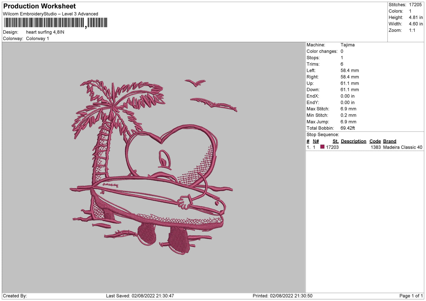 Heart Surfing Embroidery File 4 sizes