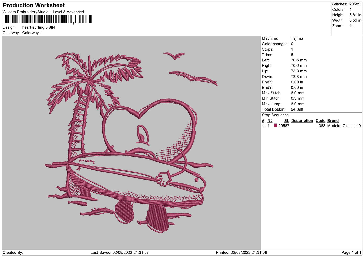 Heart Surfing Embroidery File 4 sizes