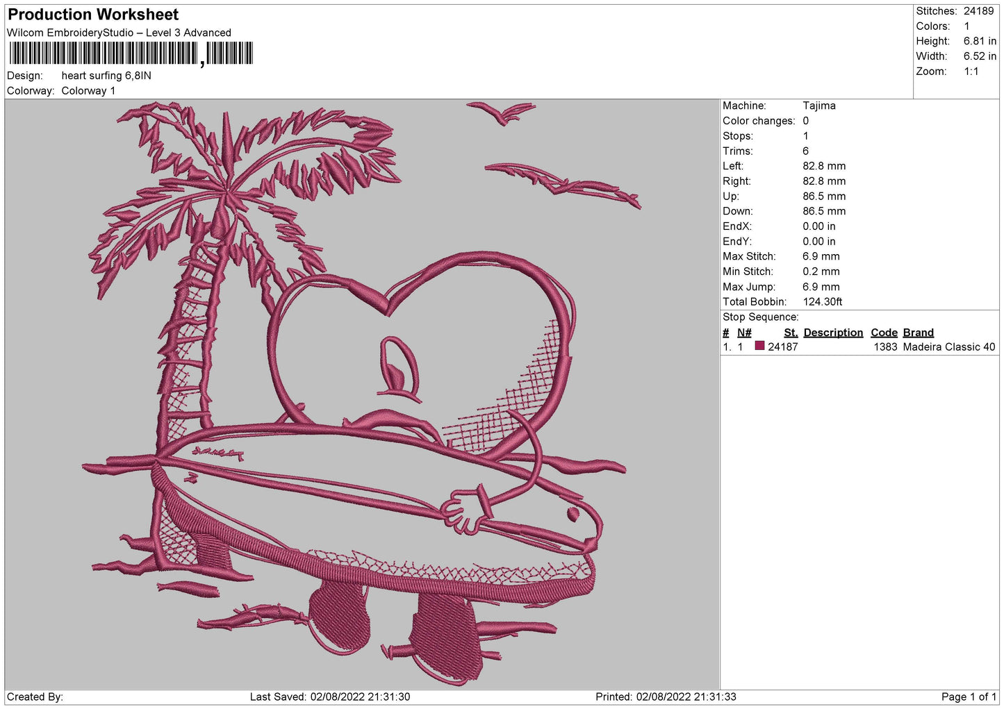 Heart Surfing Embroidery File 4 sizes