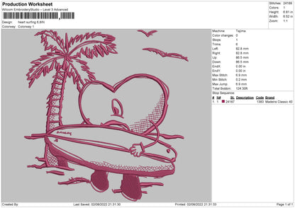 Heart Surfing Embroidery File 4 sizes