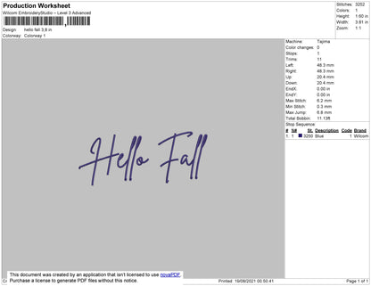 Hello Fall Embroidery File 4 size