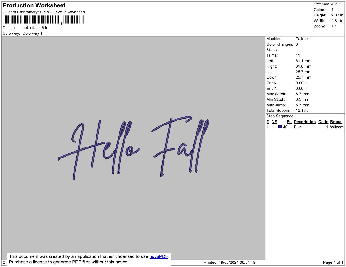Hello Fall Embroidery File 4 size