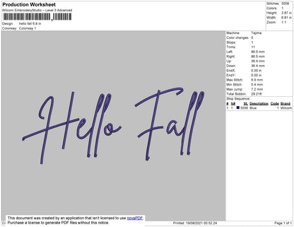 Hello Fall Embroidery File 4 size