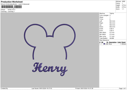 Henry Embroidery File 6 sizes