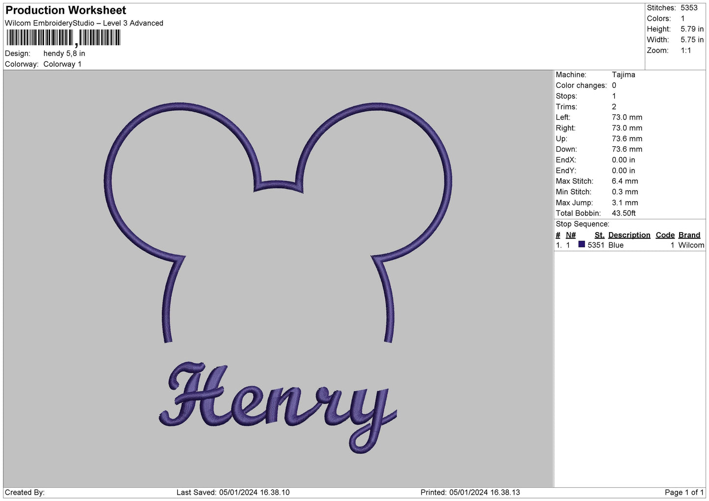 Henry Embroidery File 6 sizes