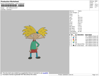 Hey Arnold Embroidery File 4 size