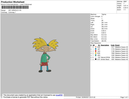 Hey Arnold Embroidery File 4 size