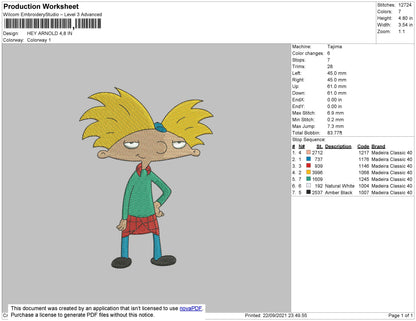 Hey Arnold Embroidery File 4 size