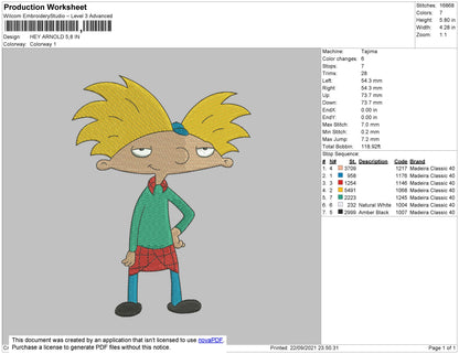 Hey Arnold Embroidery File 4 size