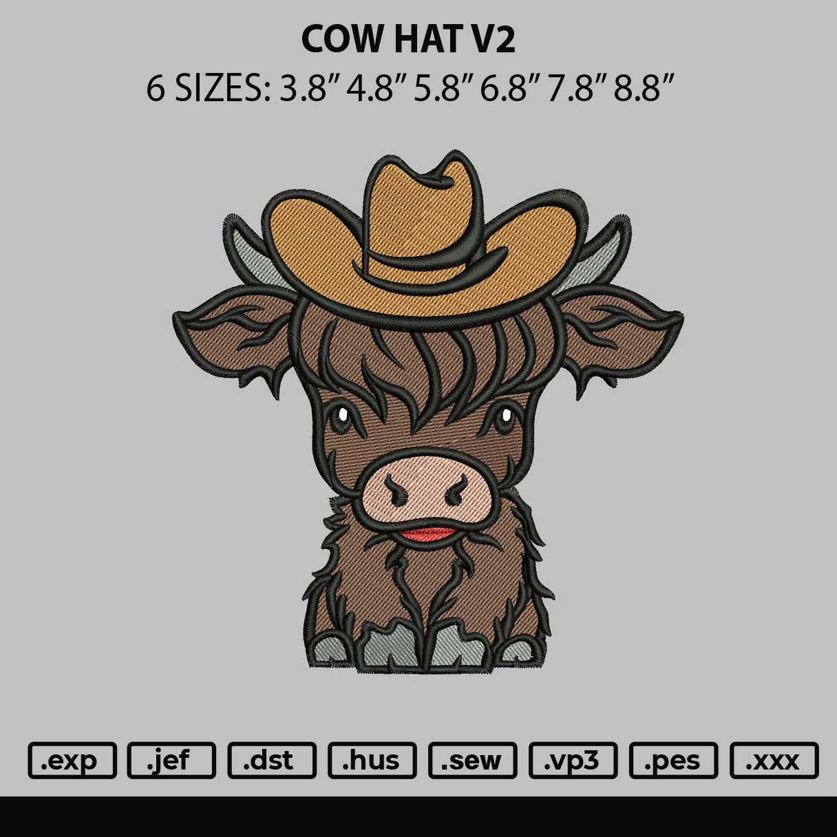 Cow Hat V3 Embroidery File 6 sizes