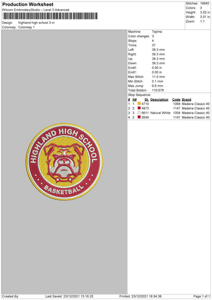 Highland High School Embroidery File 5 size
