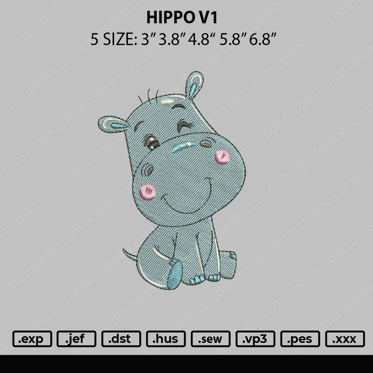 Hippo v1 Embroidery File 5 sizes