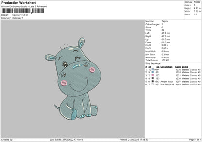 Hippo v1 Embroidery File 5 sizes