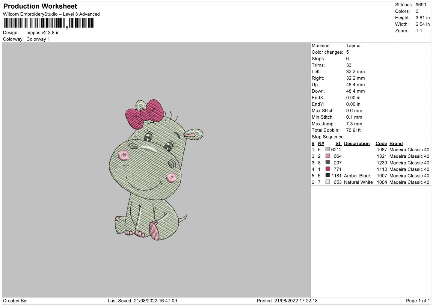 Hippo V2 Embroidery File 5 sizes