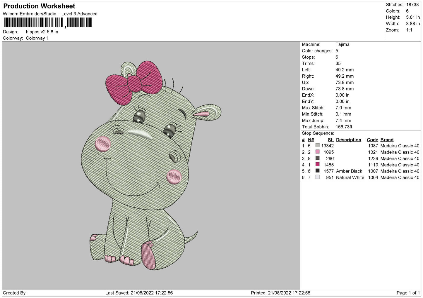 Hippo V2 Embroidery File 5 sizes