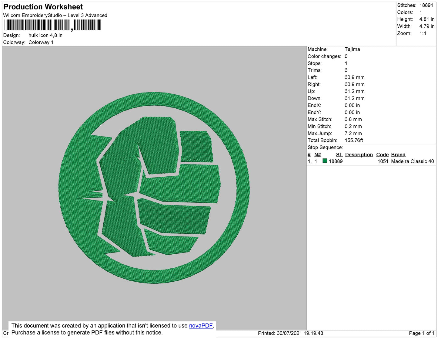 Hulk Icon Embroidery File 4 size