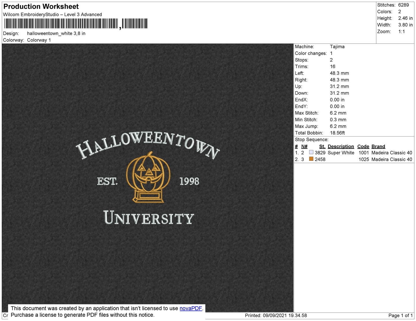 Halloweentown White Embroidery File 8 size