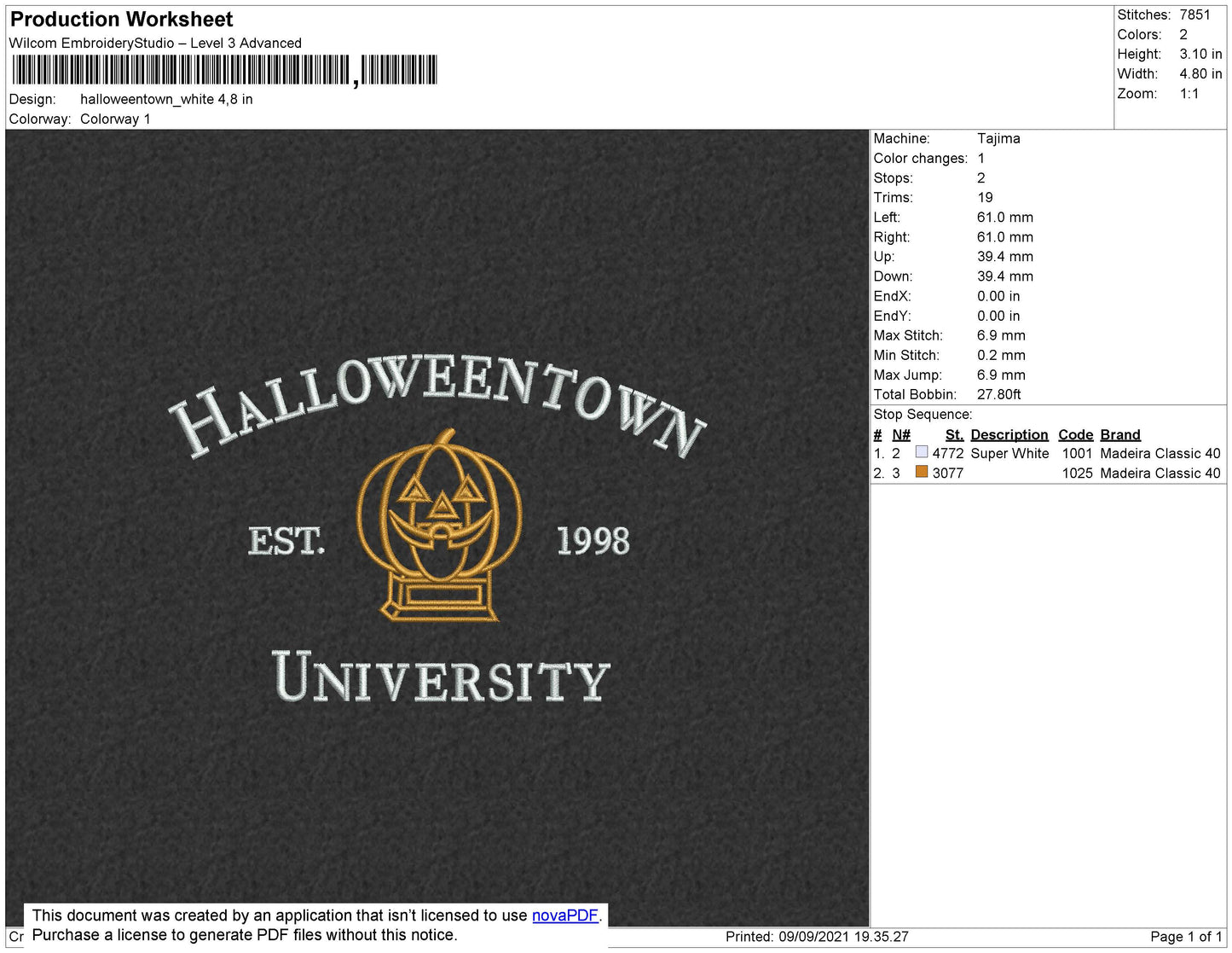 Halloweentown White Embroidery File 8 size