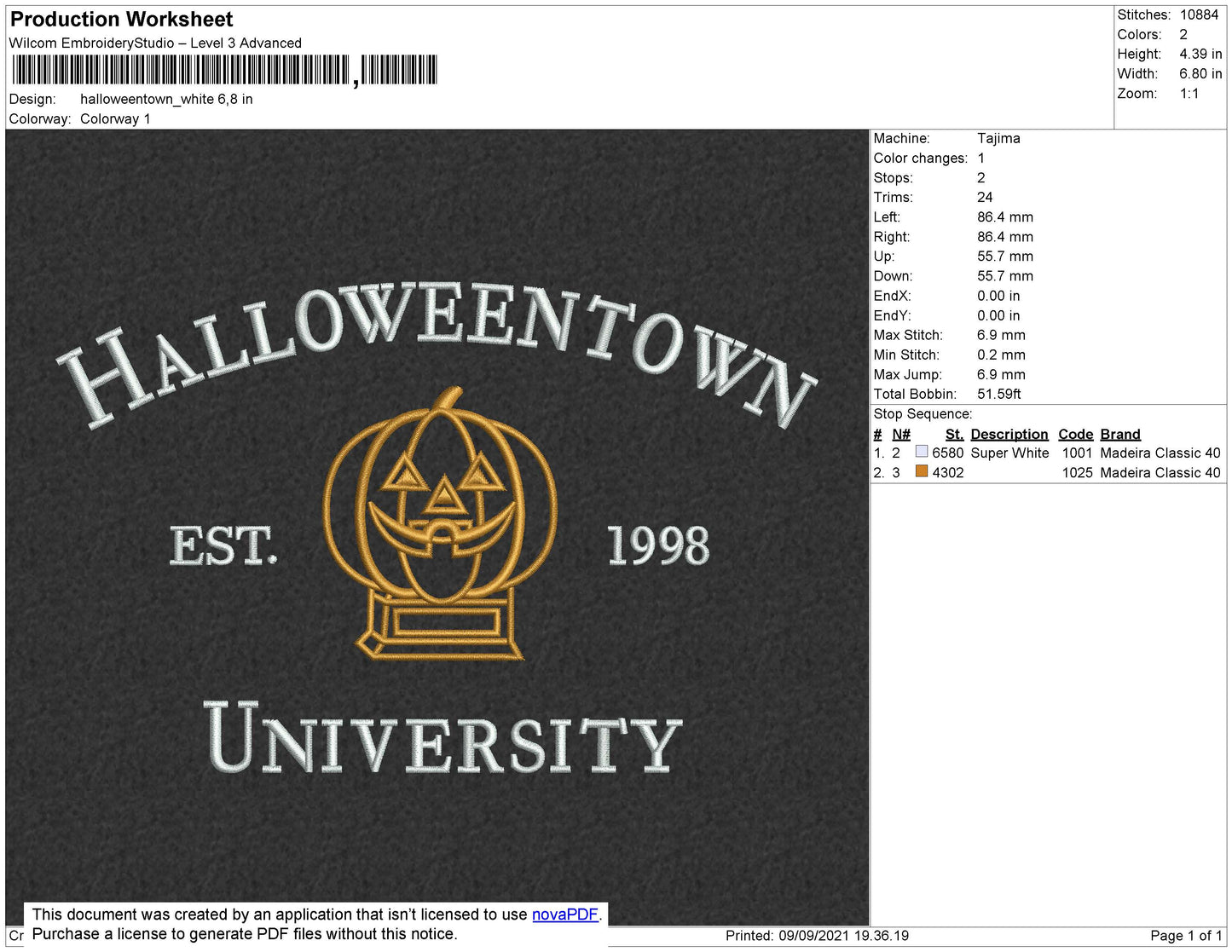 Halloweentown White Embroidery File 8 size