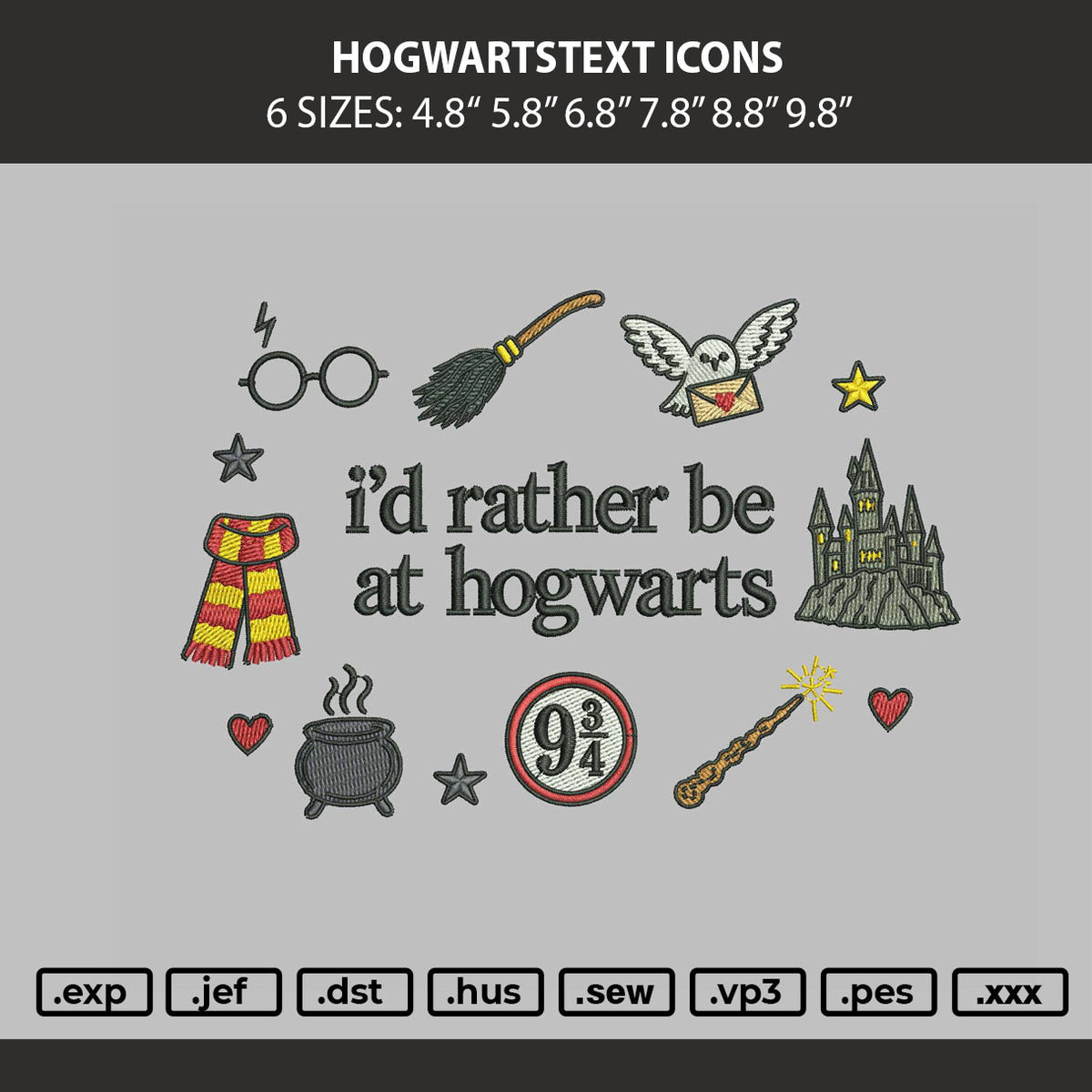 Hogwartstext Icons Embroidery Machine Design File 6 sizes