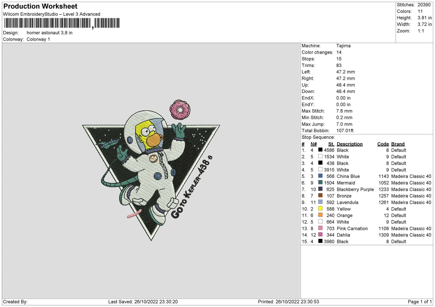 Homer Astronaut Embroidery File 6 sizes