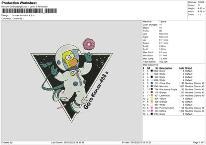 Homer Astronaut Embroidery File 6 sizes