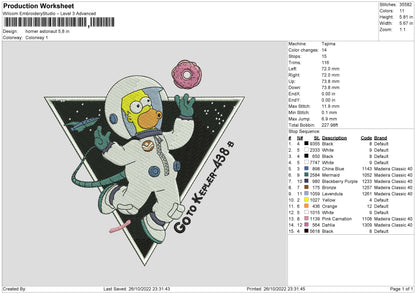 Homer Astronaut Embroidery File 6 sizes