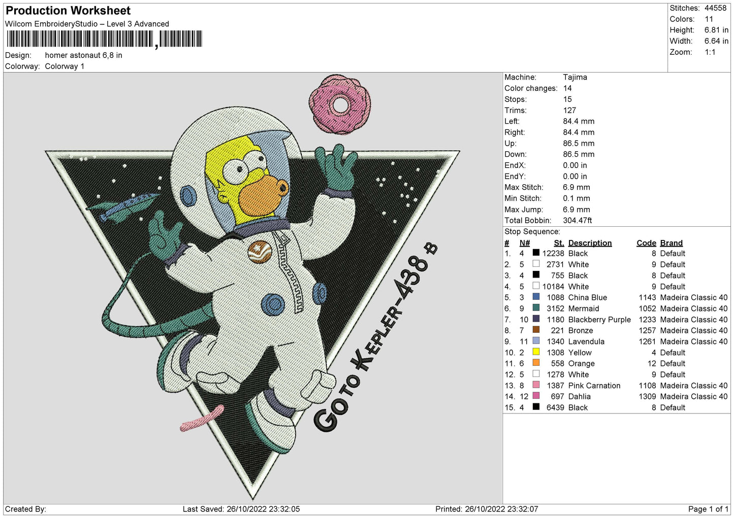 Homer Astronaut Embroidery File 6 sizes