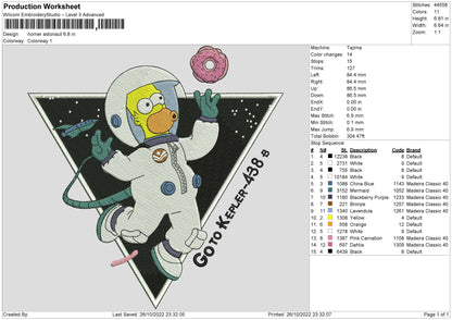 Homer Astronaut Embroidery File 6 sizes