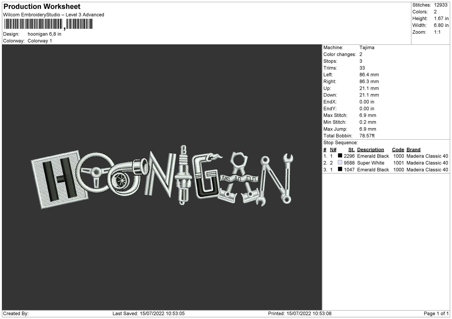 Hoonigan Embroidery File 4 sizes