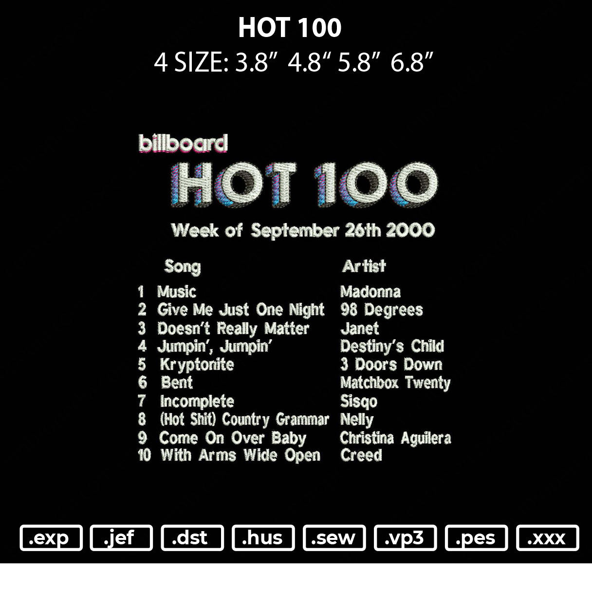 Hot 100 Embroidery File 4 size