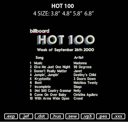 Hot 100 Embroidery File 4 size