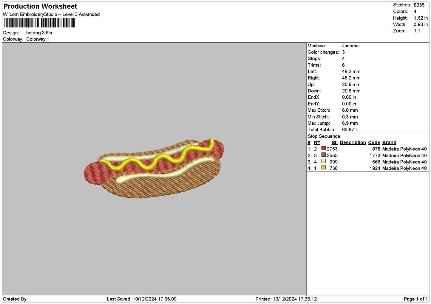 Hotdog Small Embroidery File 6 sizes