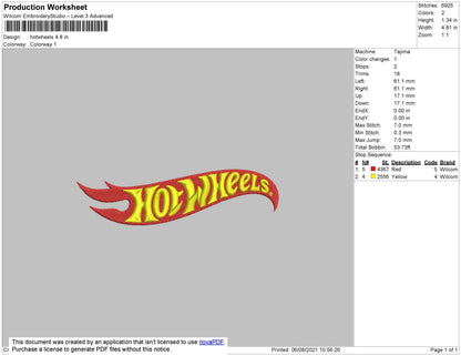 Hotwheels Embroidery File 4 size