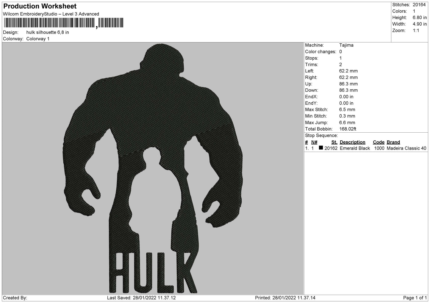 Hulk Silhouette Embroidery File 4 size