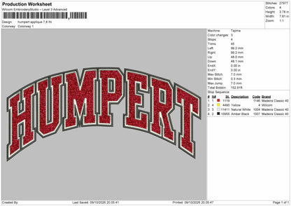 Humpert Text Applique Embroidery Machine Design File 6 sizes