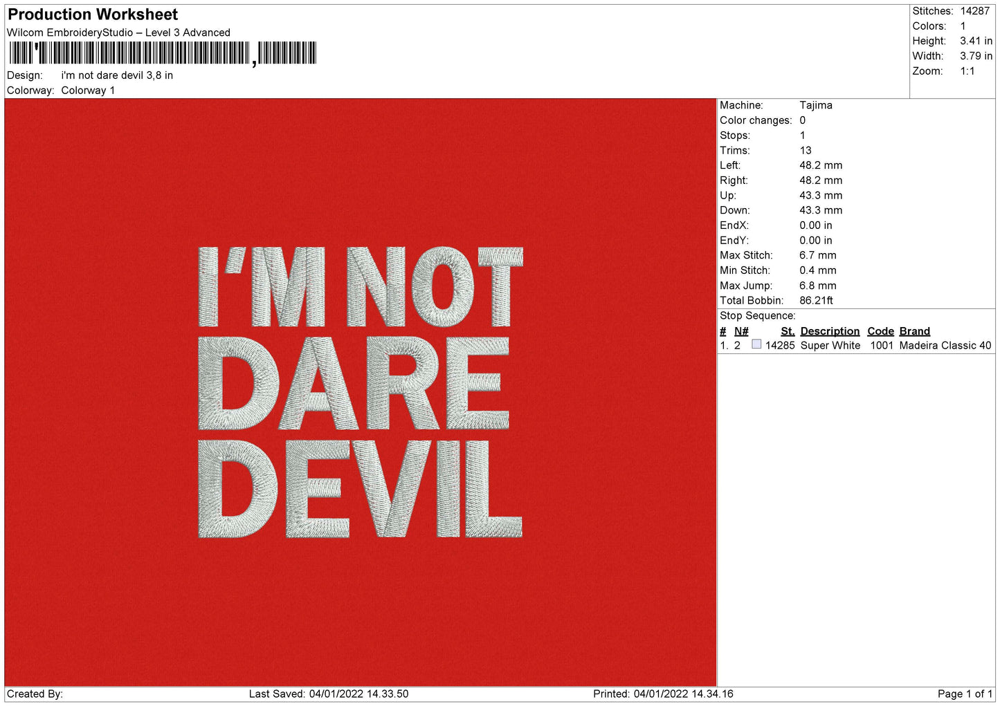 Im Not Dare Devil Embroidery File 4 size
