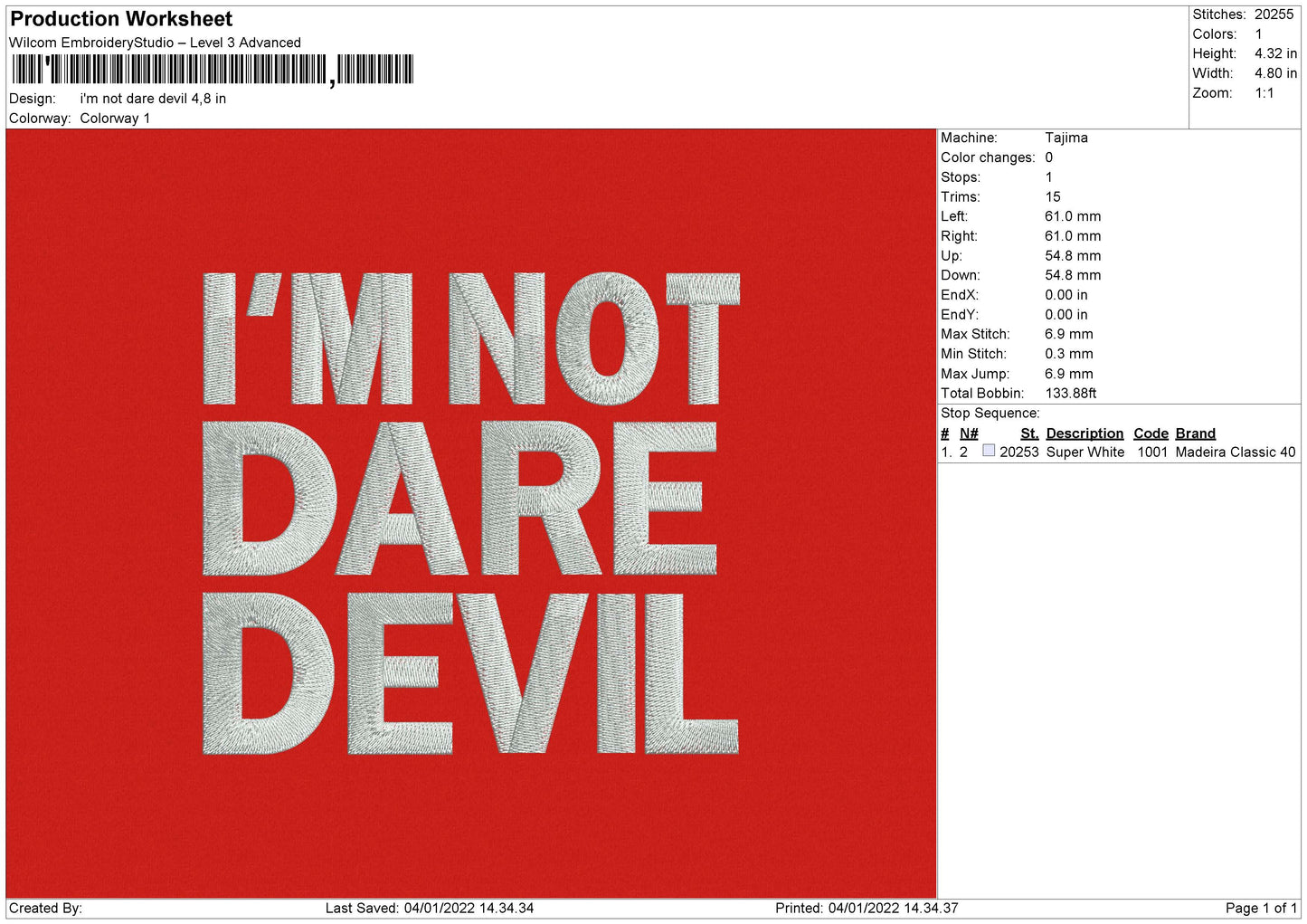 Im Not Dare Devil Embroidery File 4 size