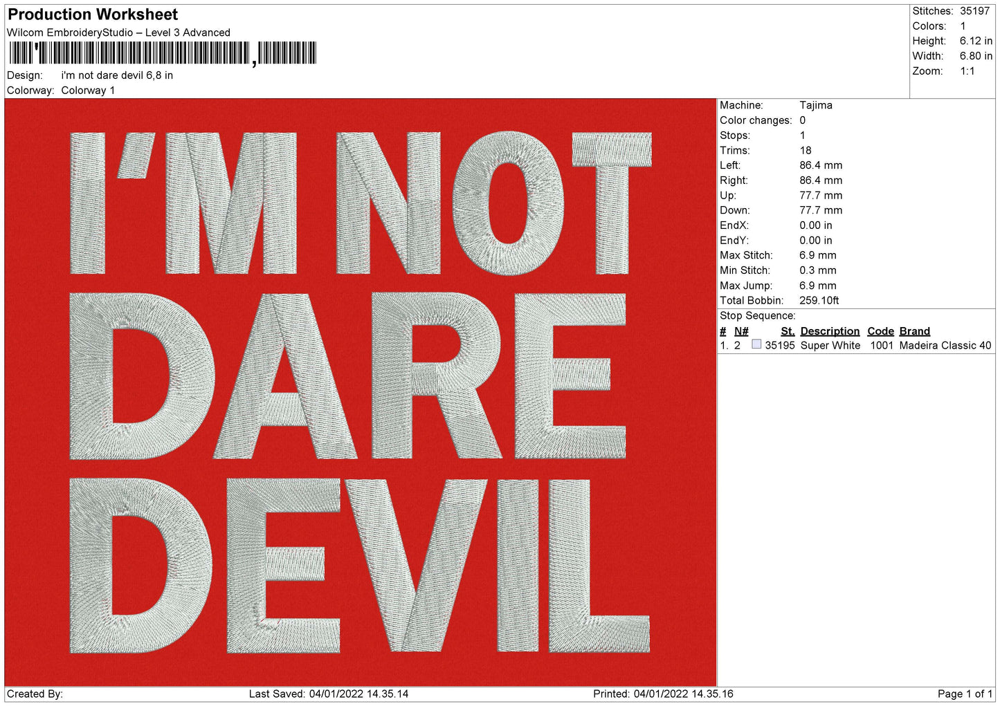 Im Not Dare Devil Embroidery File 4 size