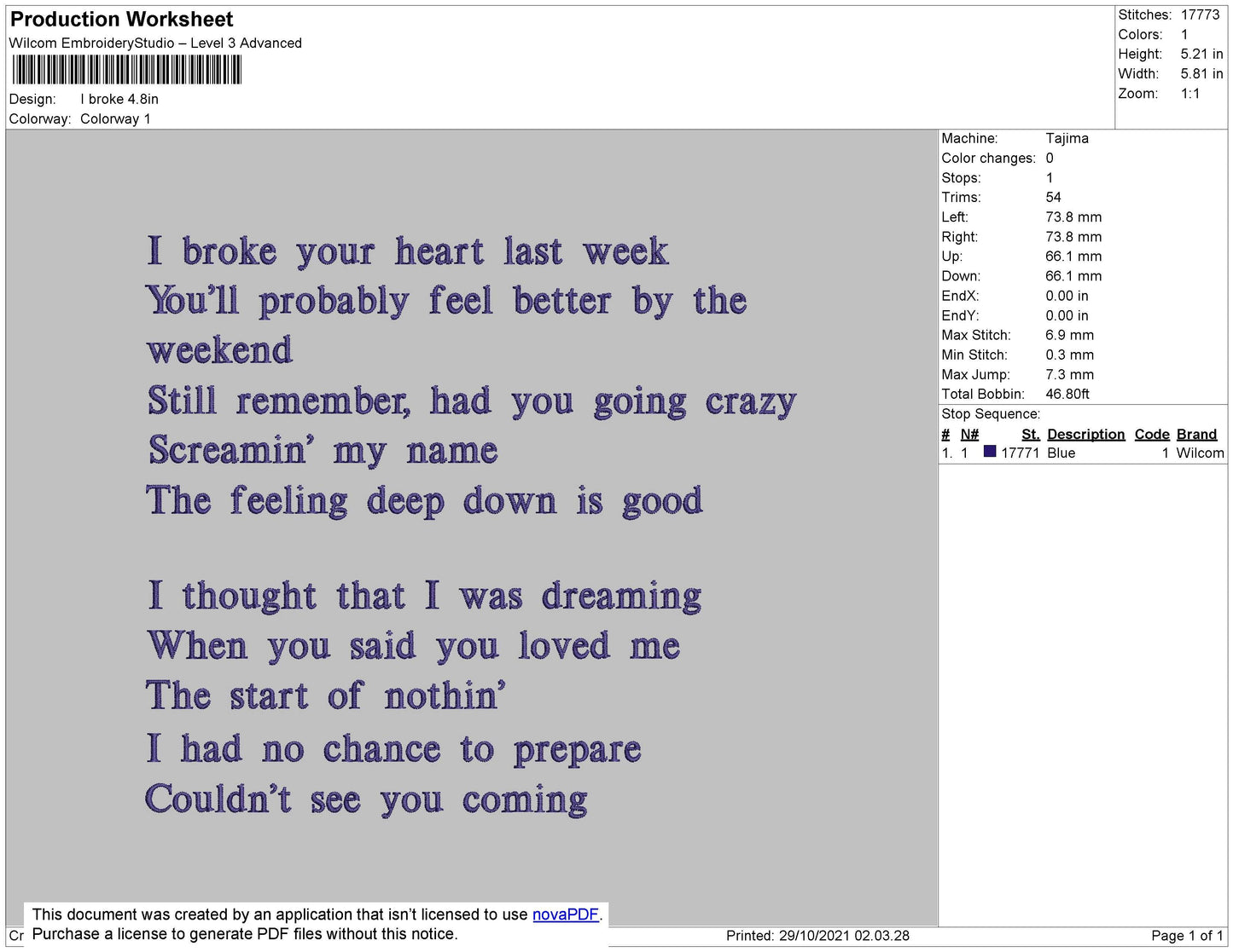 I Broke Your Heart Text Embroidery File 4 size