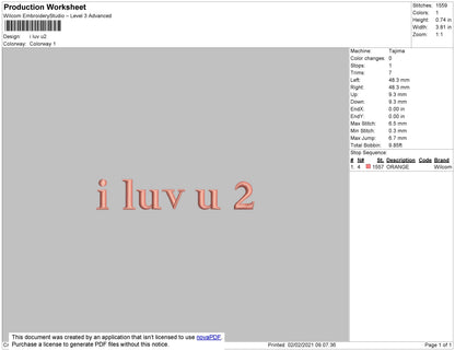 I Luv U 2 Text Embroidery File 4 size
