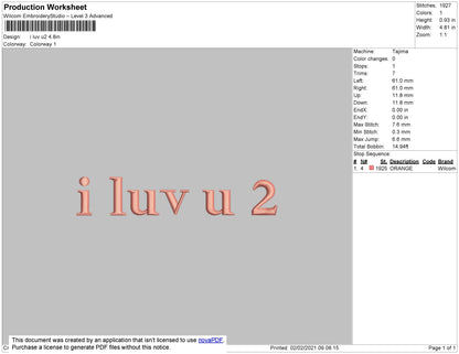 I Luv U 2 Text Embroidery File 4 size