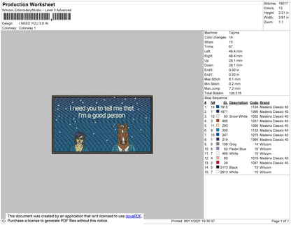 I Need You Embroidery File 4 size