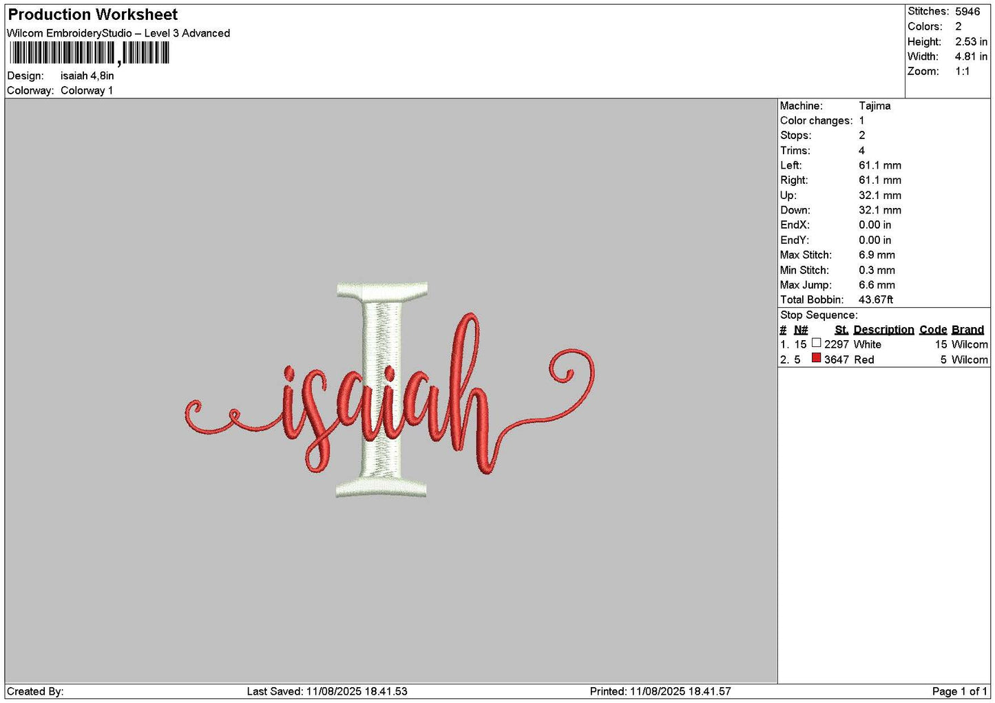 Isaiahtext Embroidery File 6 sizes