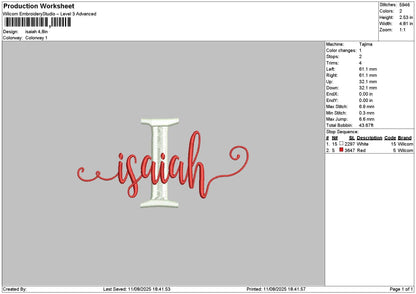 Isaiahtext Embroidery File 6 sizes
