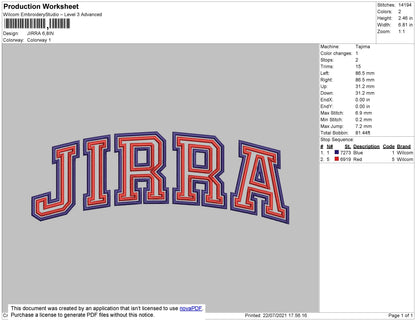 Jirra Text Embroidery File 4 size