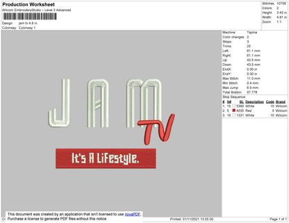 Jam TV Embroidery File 4 size