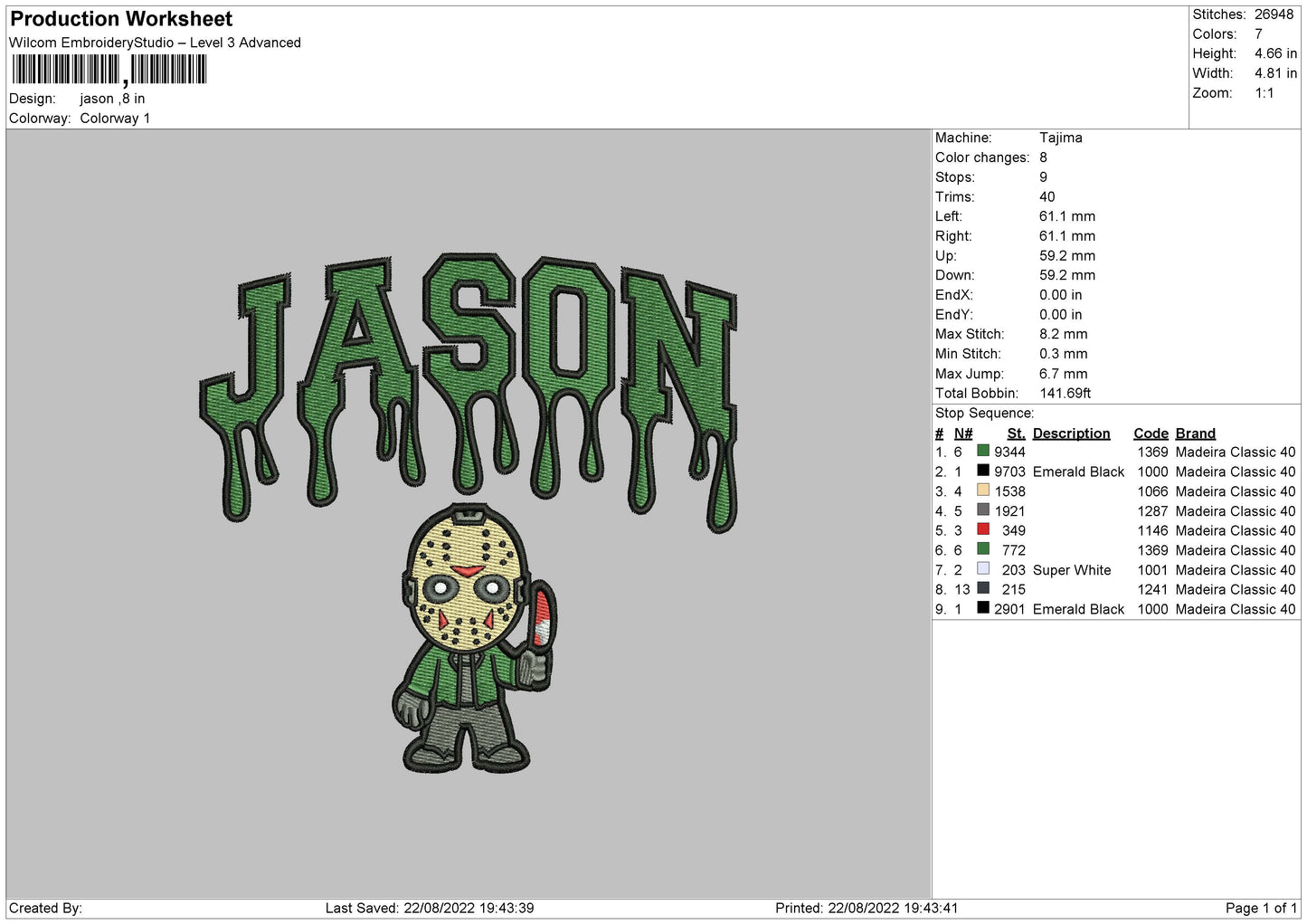 Jason Embroidery File 5 sizes